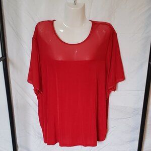 Ladies BENTLEY Short Sleeve Blouse with Sheer Neck in Red. 2X
